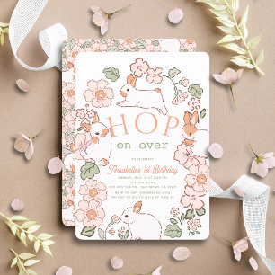Invitación Salto sobre Bunny Boho Floral 1er cumpleaños