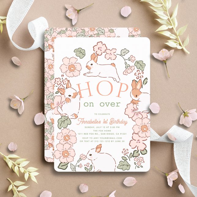 Invitación Salto sobre Bunny Boho Floral 1er cumpleaños (Subido por el creador)