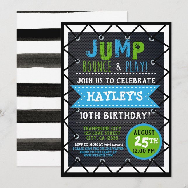 Invitación Salto verde y azul y juego de Trampoline Park (Anverso / Reverso)