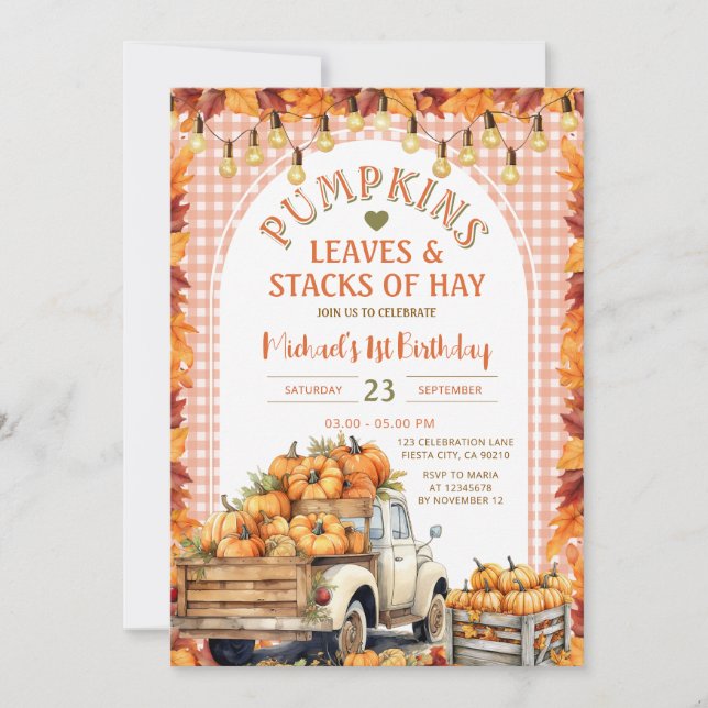 Invitación Saltos de calabazas y pilas de Hay Fall Cumpleaños (Anverso)
