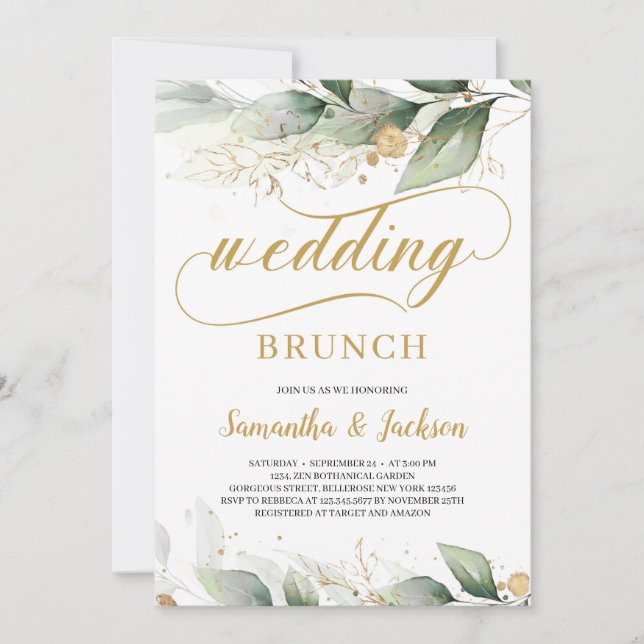Invitación Saltos de oro de eucalipto verde salchicha boda (Anverso)