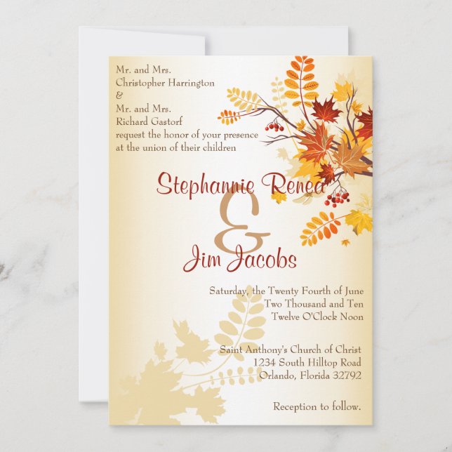 Invitación Saltos de otoño de la sucursal de matrimonio 5x7 (Anverso)