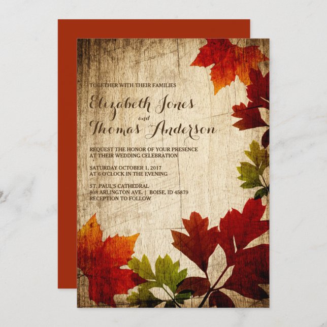 Invitación Saltos de otoño en una boda de otoño rústica mader (Anverso / Reverso)