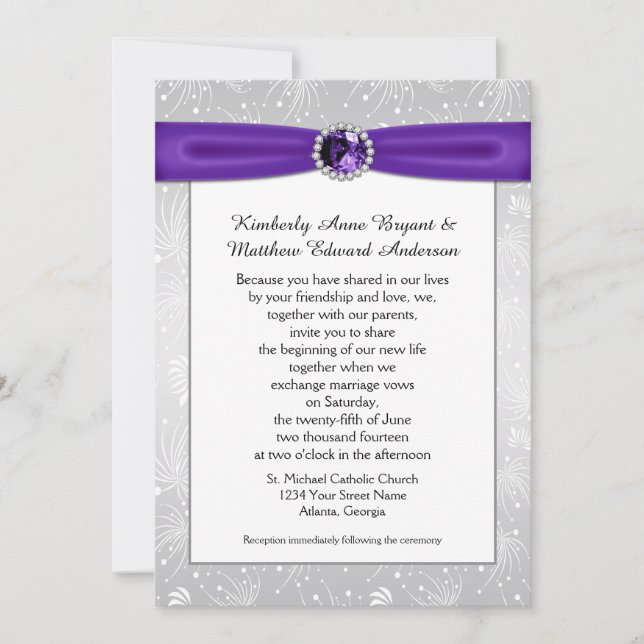 Invitación Saltos de plata gema gemas púrpuras Cinta de diama (Anverso)