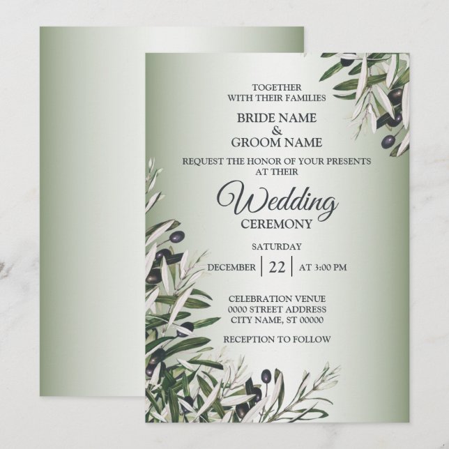 Invitación Saltos verdes Boda elegante de oliva negra (Anverso / Reverso)