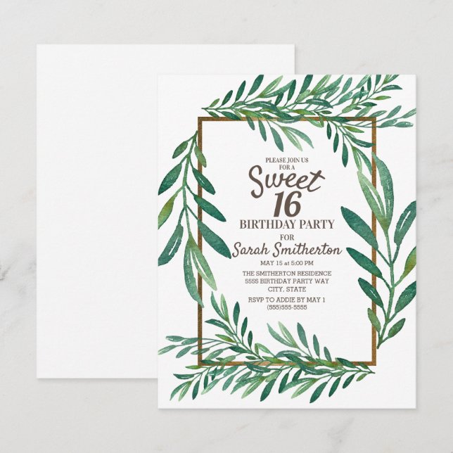 Invitación Saltos verdes botánicos dorados blancos dulces 16 (Anverso / Reverso)