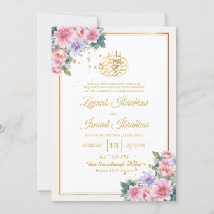 Invitación Saltos verdes dorados Boda islámica floral