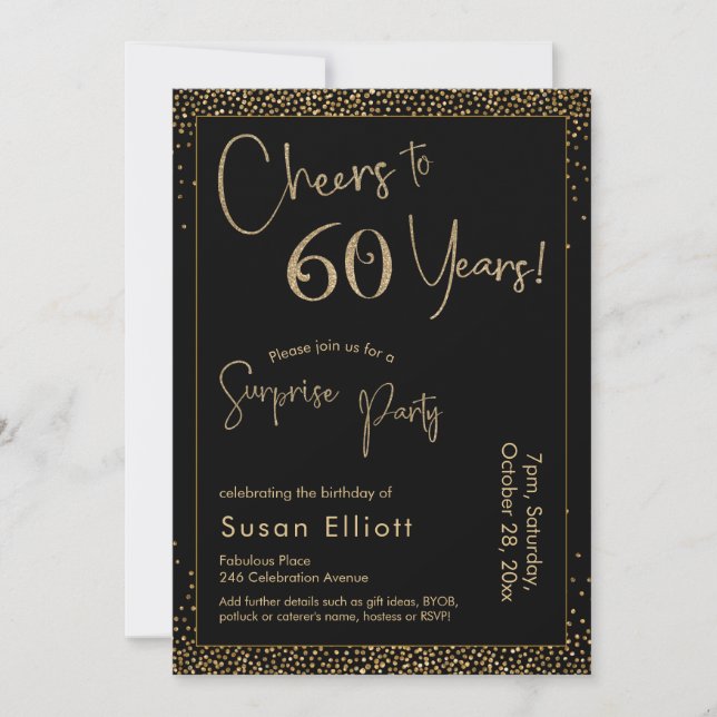 Invitación Salud a 60 años Fiesta sorpresa, negro y oro (Anverso)