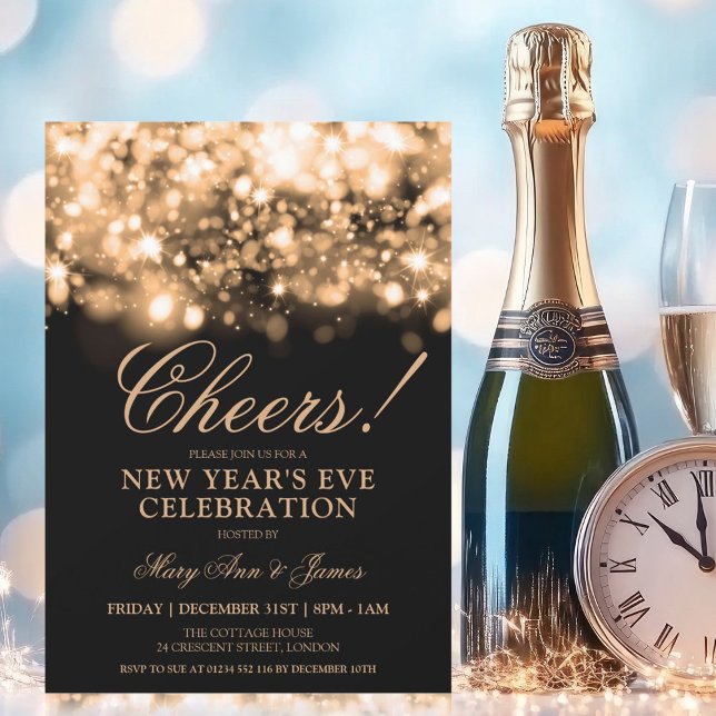 Invitación SALUD! Nochevieja Fiesta Luces de espuma de oro (CHEERS! New Years Eve Party Gold Sparkle Lights Invitation)