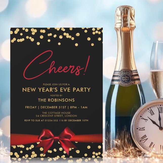 Invitación SALUD! Nochevieja Fiesta Oro Confetti Rojo (CHEERS! New Years Eve Party Gold Confetti Red Bow Invitation)