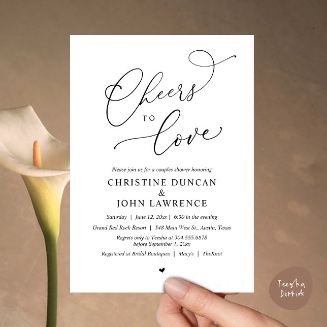 Invitación Salud para amar, Fiesta de ducha de parejas románt (Cheers to love, Romantic Couples Shower Modern Party Winery Invitation Card PDF Summer White Black)