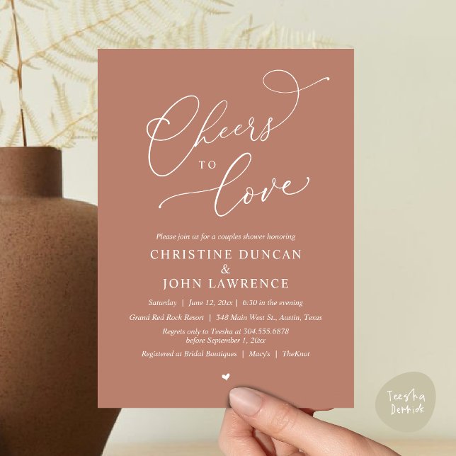 Invitación Salud para amar, Fiesta de ducha de parejas románt (Cheers to love, Romantic Couples Shower Modern Party Winery Invitation Card PDF Summer Earthy Brown)