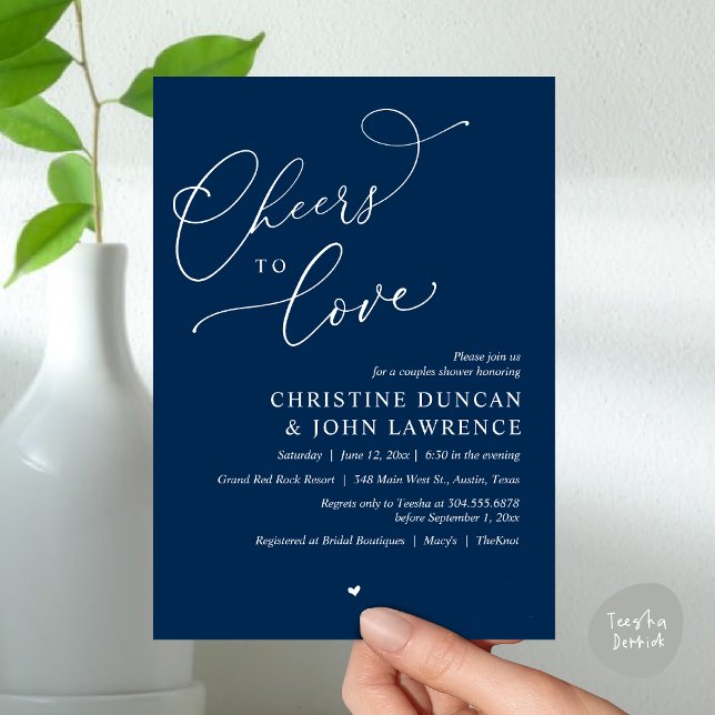 Invitación Salud para amar, Fiesta de ducha de parejas románt (Cheers to love, Romantic Couples Shower Modern Party Winery Invitation Card PDF Summer Navy Blue)