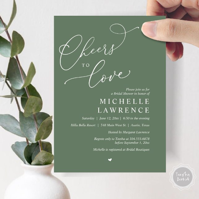 Invitación Salud para amar, Romántico Fiesta de ducha de novi (Cheers to love, Romantic Bridal Shower Party Invitation Card, PDF, in Forest Sage Green)