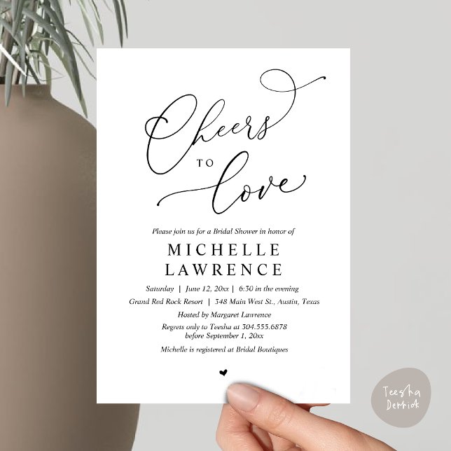 Invitación Salud para amar, Romántico Fiesta de ducha de novi (Cheers to love, Romantic Bridal Shower Party Dinner Wine Cocktail Invitation Card, PDF, White Black)