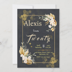 Invitación ¡Salud por 20 años!: Floral negro elegante