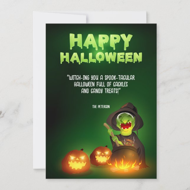 Invitación Saludo de Witchy Brew Cauldron y Jack-o'-Lanterns (Anverso)