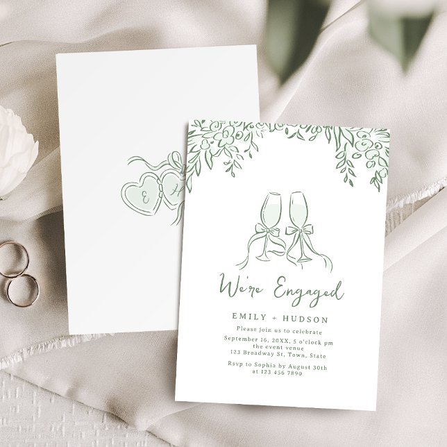 Invitación Saludo Dibujado a Mano de Sabio para Compromiso Ca (Sage Hand Drawn Cheers Toast Whimsical Engagement Invitation)