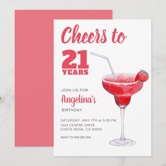 Invitación Saludos 21ᵉʳ Birthday Pink (Anverso / Reverso)