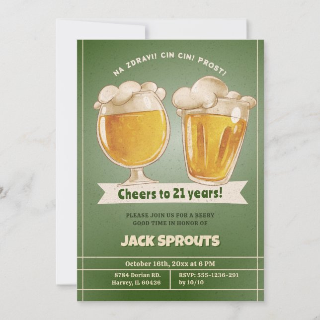 Invitación Saludos 21 años Beer 21st Twenty One Man Birthday (Anverso)