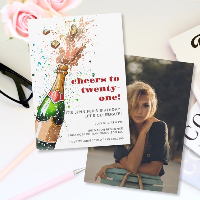 Invitación Saludos 21° cumpleaños foto de champagne (Subido por el creador)