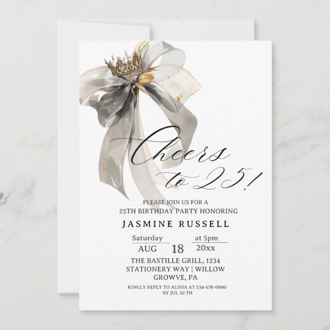 Invitación Saludos 25º cumpleaños: negro y blanco (Anverso)