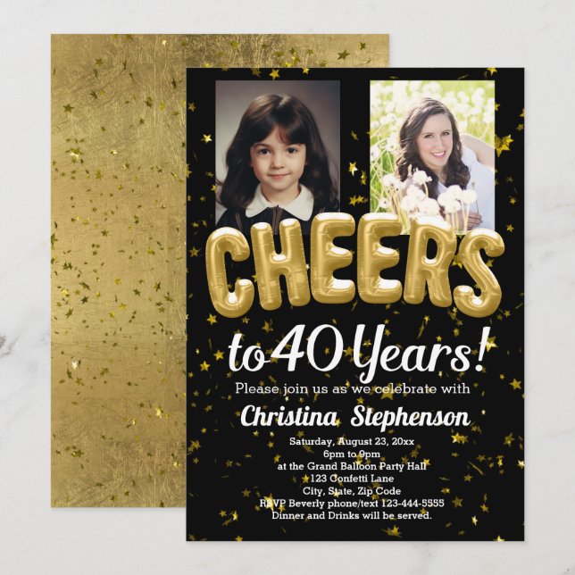 Invitación Saludos 40 años 40 cumpleaños entonces y ahora fot (Anverso / Reverso)