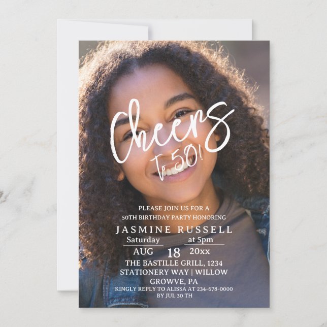 Invitación Saludos 50° cumpleaños moderno de fotos para ella (Anverso)