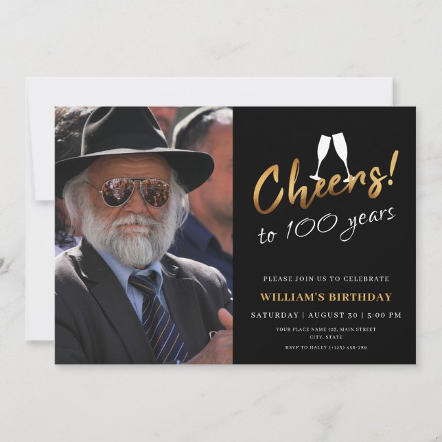 Invitación Saludos a 100 años foto de cumpleaños negro de oro (Anverso)