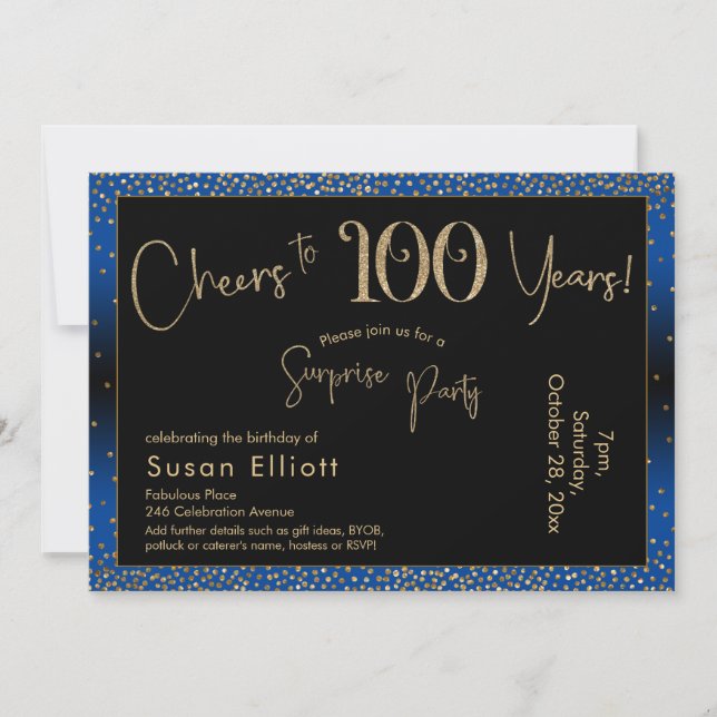 Invitación Saludos a 100 años Sorpresa cumpleaños, azul (Anverso)