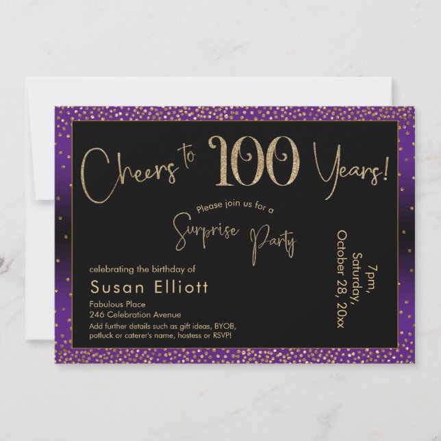 Invitación Saludos a 100 años Sorpresa cumpleaños, morado (Anverso)