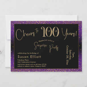 Invitación Saludos a 100 años Sorpresa cumpleaños, morado