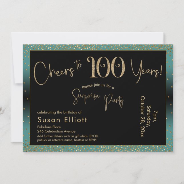 Invitación Saludos a 100 años Sorpresa Cumpleaños Verde azula (Anverso)