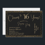 Invitación Saludos a 16 años Sorpresa Cumpleaños Oro y Negro<br><div class="desc">Utilizando dos tipos de letra distintivos, he creado gráficos para su invitación y los he embellecido con un efecto de oro falso metálico para una vibración festiva. Aunque cada parte se puede mover para adaptarla a sus necesidades, el encabezado dice "¡Saludos a 16 años!" y "Fiesta sorpresa". ("Sorpresa" se puede...</div>