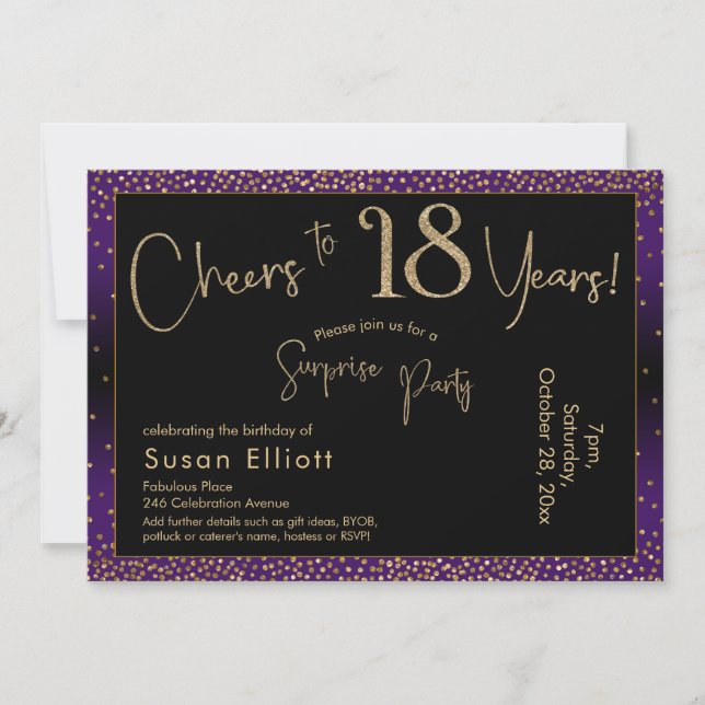 Invitación Saludos a 18 años Sorpresa cumpleaños, morado (Anverso)