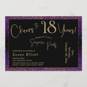 Invitación Saludos a 18 años Sorpresa cumpleaños, morado