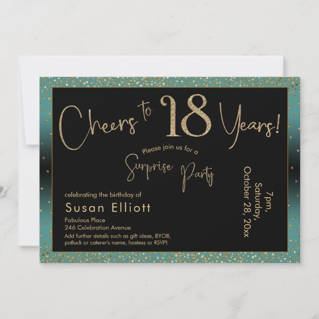 Invitación Saludos a 18 años Sorpresa Cumpleaños Verde azulad (Anverso)
