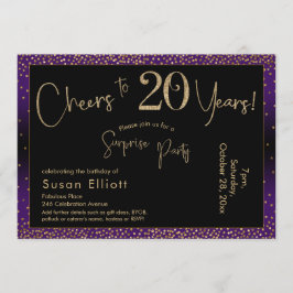 Invitación Saludos a 20 años sorpresa cumpleaños, morado