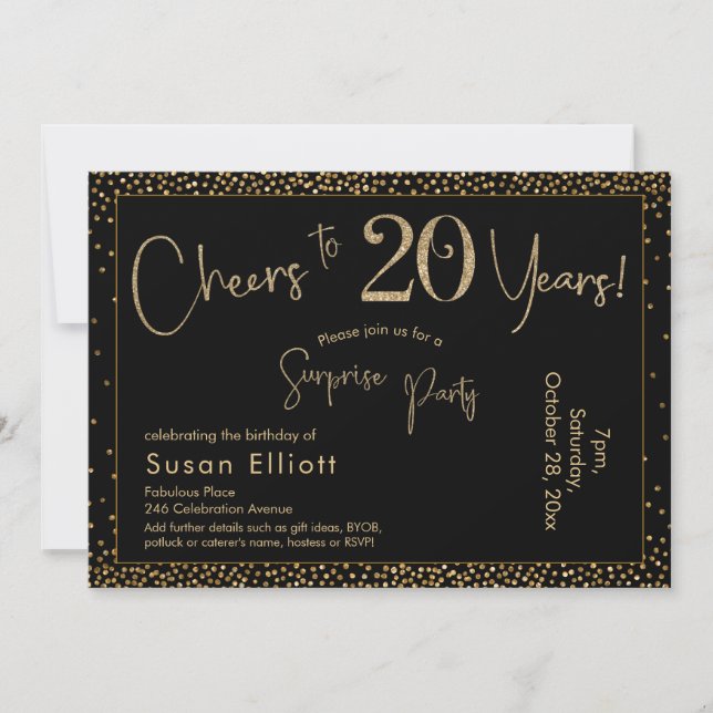 Invitación Saludos a 20 años sorpresivo cumpleaños oro y negr (Anverso)
