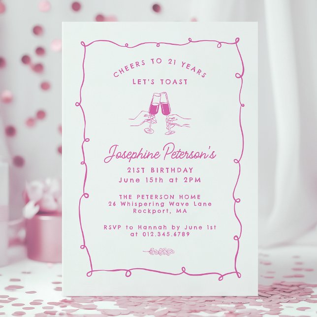 Invitación Saludos a 21 años de garabatos singulares rosados (Subido por el creador)