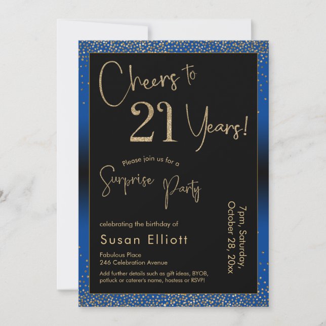 Invitación Saludos a 21 años de sorpresa fiesta de cumpleaños (Anverso)