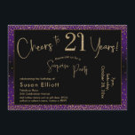 Invitación Saludos a 21 años Sorpresa cumpleaños, morado<br><div class="desc">Utilizando dos tipos de letra distintivos, he creado gráficos para su invitación y los he embellecido con un efecto de oro falso metálico para una vibración festiva. Aunque cada parte se puede mover para adaptarla a sus necesidades, el encabezado dice "¡Saludos a 21 años!" y "Fiesta sorpresa". ("Sorpresa" se puede...</div>