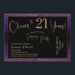 Invitación Saludos a 21 años Sorpresa cumpleaños, morado<br><div class="desc">Utilizando dos tipos de letra distintivos, he creado gráficos para su invitación y los he embellecido con un efecto de oro falso metálico para una vibración festiva. Aunque cada parte se puede mover para adaptarla a sus necesidades, el encabezado dice "¡Saludos a 21 años!" y "Fiesta sorpresa". ("Sorpresa" se puede...</div>