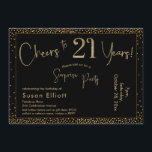 Invitación Saludos a 21 años Sorpresa Cumpleaños Oro y Negro<br><div class="desc">Utilizando dos tipos de letra distintivos, he creado gráficos para su invitación y los he embellecido con un efecto de oro falso metálico para una vibración festiva. Aunque cada parte se puede mover para adaptarla a sus necesidades, el encabezado dice "¡Saludos a 21 años!" y "Fiesta sorpresa". ("Sorpresa" se puede...</div>