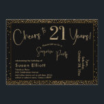 Invitación Saludos a 21 años Sorpresa Cumpleaños Oro y Negro<br><div class="desc">Utilizando dos tipos de letra distintivos, he creado gráficos para su invitación y los he embellecido con un efecto de oro falso metálico para una vibración festiva. Aunque cada parte se puede mover para adaptarla a sus necesidades, el encabezado dice "¡Saludos a 21 años!" y "Fiesta sorpresa". ("Sorpresa" se puede...</div>