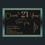 Invitación Saludos a 21 años sorpresa cumpleaños Verde azulad<br><div class="desc">Utilizando dos tipos de letra distintivos, he creado gráficos para su invitación y los he embellecido con un efecto de oro falso metálico para una vibración festiva. Aunque cada parte se puede mover para adaptarla a sus necesidades, el encabezado dice "¡Saludos a 21 años!" y "Fiesta sorpresa". ("Sorpresa" se puede...</div>