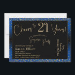 Invitación Saludos a 21 años Sorpresa Día del Oro y Azul<br><div class="desc">Utilizando dos tipos de letra distintivos, he creado gráficos para su invitación y los he embellecido con un efecto de oro falso metálico para una vibración festiva. Aunque cada parte se puede mover para adaptarla a sus necesidades, el encabezado dice "¡Saludos a 21 años!" y "Fiesta sorpresa". ("Sorpresa" se puede...</div>