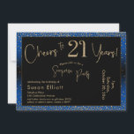 Invitación Saludos a 21 años Sorpresa Día del Oro y Azul<br><div class="desc">Utilizando dos tipos de letra distintivos, he creado gráficos para su invitación y los he embellecido con un efecto de oro falso metálico para una vibración festiva. Aunque cada parte se puede mover para adaptarla a sus necesidades, el encabezado dice "¡Saludos a 21 años!" y "Fiesta sorpresa". ("Sorpresa" se puede...</div>