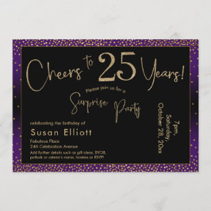 Invitación Saludos a 25 años sorpresa cumpleaños, morado