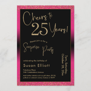 Invitación Saludos a 25 años sorpresiva fiesta de cumpleaños,